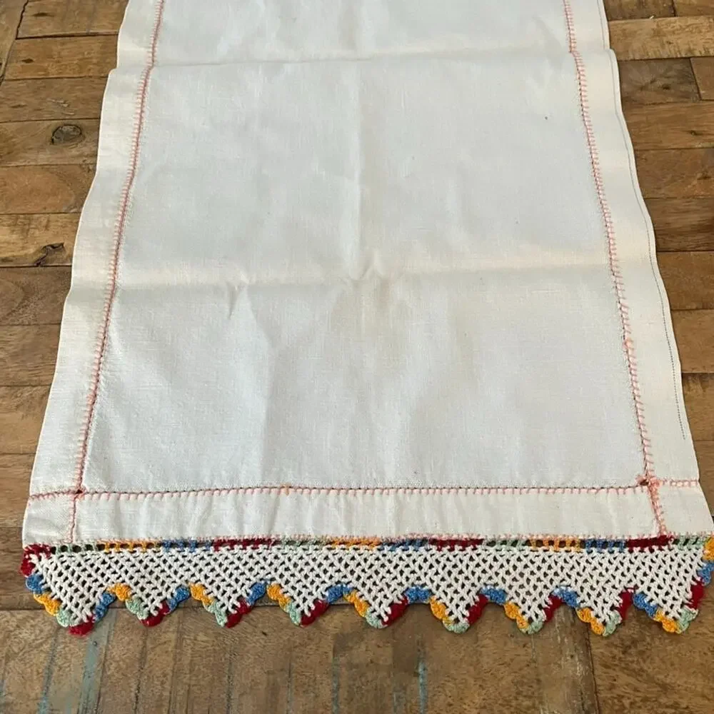 Vintage Handmade Cream Linen Table Runner Colorful Crochet Lace Edge